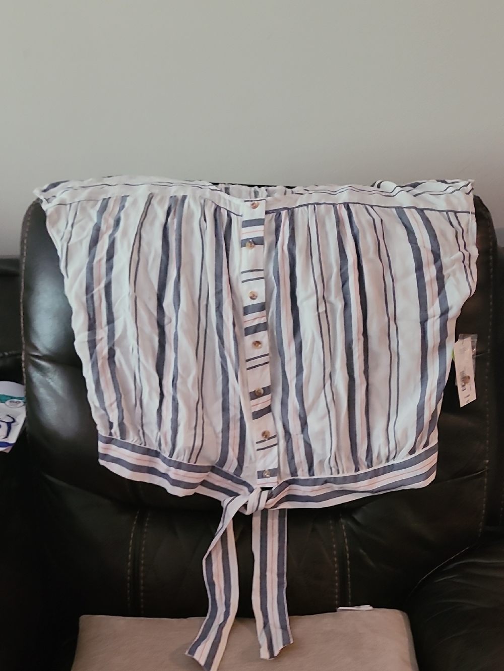a.n.a White and Blue Striped Button Tie-Front Blouse